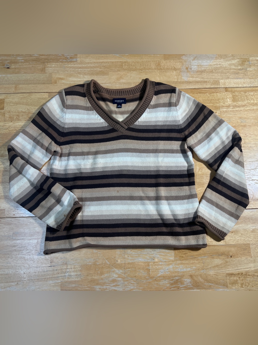 Sonoma Striped Knit Sweater Size L Brown Beige White Earth Tone V-Neck Pullover